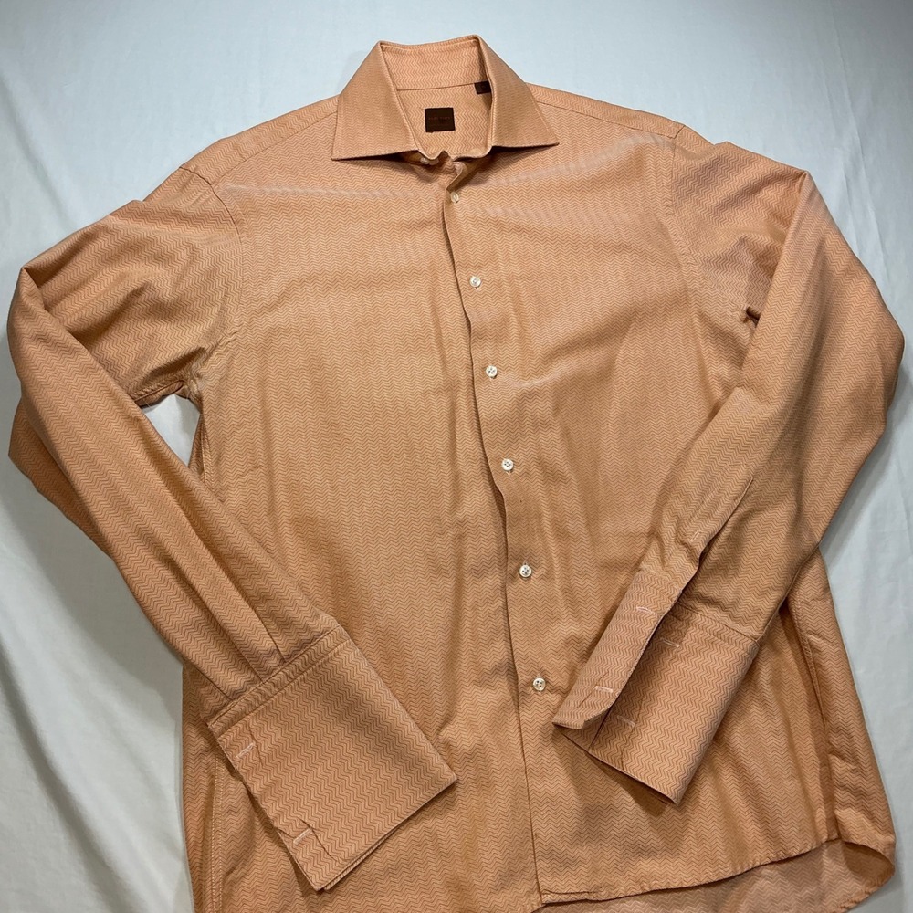 Kuhlman Dress Shirt Mens Long Sleeve Herringbone Orange French Cuff Size 41 L